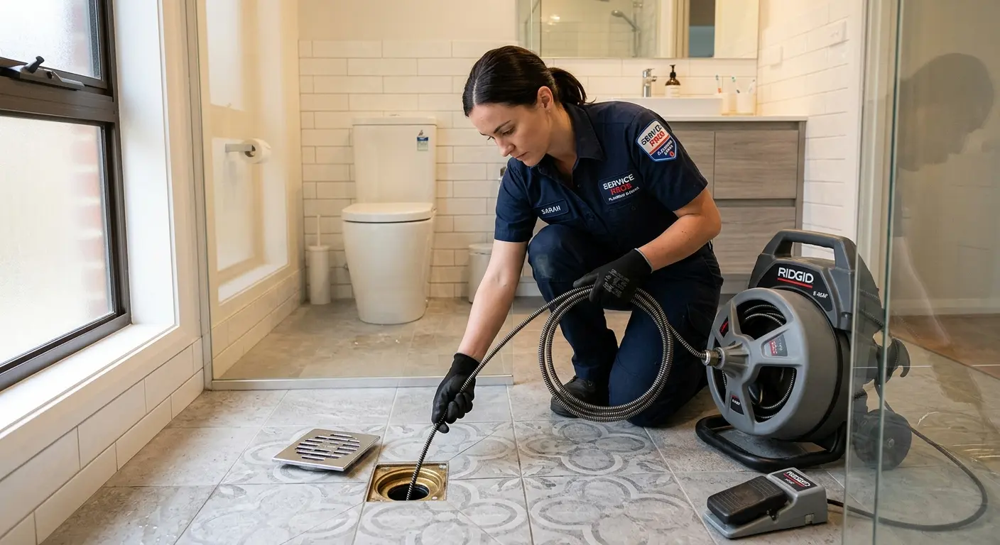 Technician clearing a bathroom floor drain for Drain Repair in Northlake